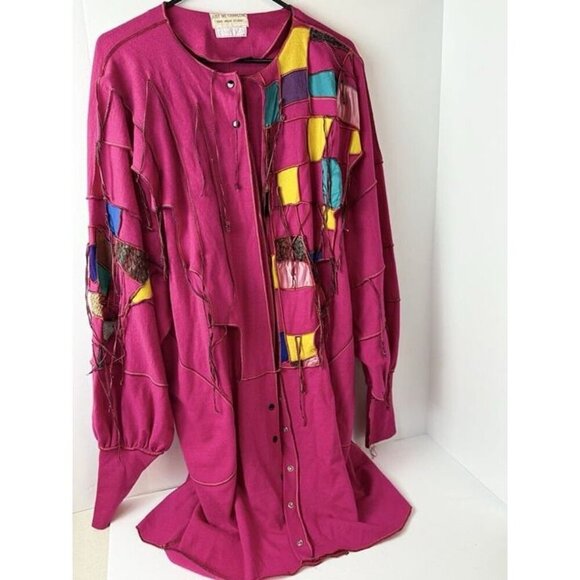 Vintage Just Me Charlene Patchwork‎ Cardigan Duster Sz XL Snaps Pockets Relaxed - Picture 2 of 4